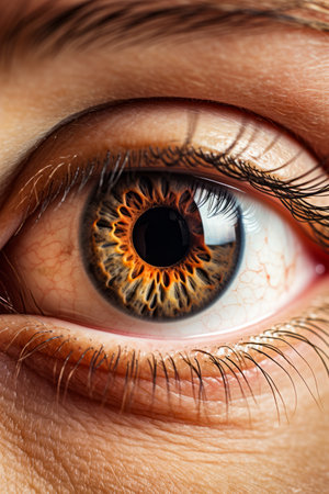 Close up of person's eye with brown iris. Generative AI.の素材
