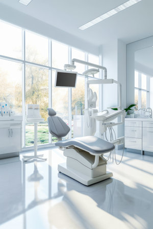 Dental room with chair and monitor on the wall. Generative AI.の素材