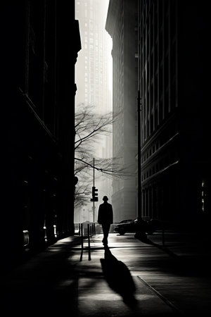 Man walking down street next to tall buildings in the dark. Generative AI.の素材