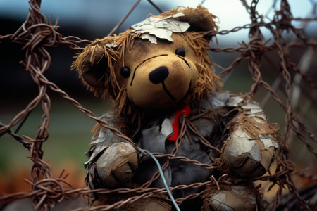 Teddy bear is sitting behind barbed wire fence with red tie. Generative AI.の素材