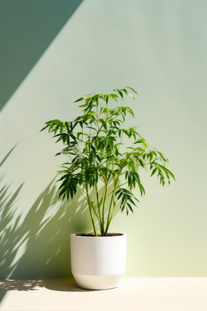 Plant in white pot on table with shadow of wall behind it. Generative AI.の素材