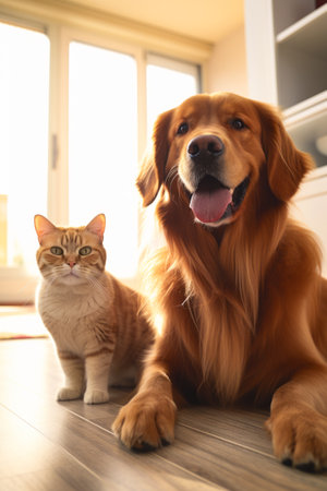 Dog and cat sitting on the floor in room. Generative AI.の素材