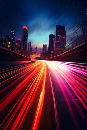 City street with lot of traffic going by at night. Generative AI.の素材