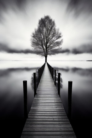 Tree is standing on dock in the water with foggy sky. Generative AI.の素材