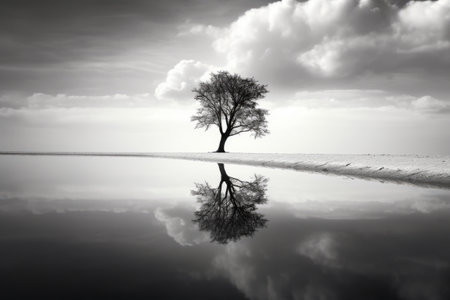 Lone tree is reflected in the water of lake. Generative AI.の素材