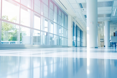 Large room with large window and blue floor. Generative AI.の素材
