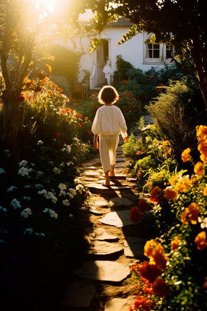 Woman walking down path in garden with flowers. Generative AI.の素材