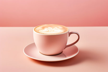 Cup of coffee on saucer on pink table. Generative AI.の素材