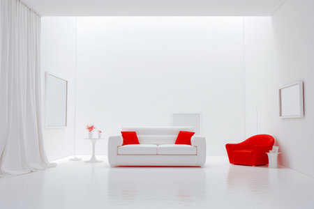 White room with red chair and white couch. Generative AI.の素材