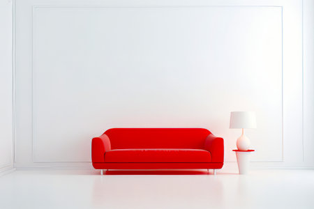 Red couch sitting next to white lamp on table. Generative AI.の素材