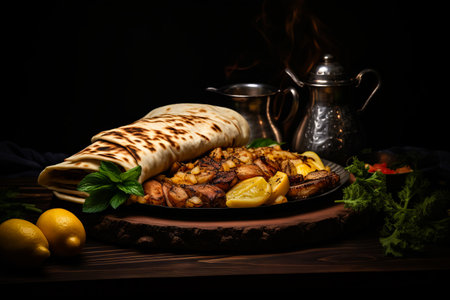 Plate of food with pita and vegetables on it. Generative AI.の素材