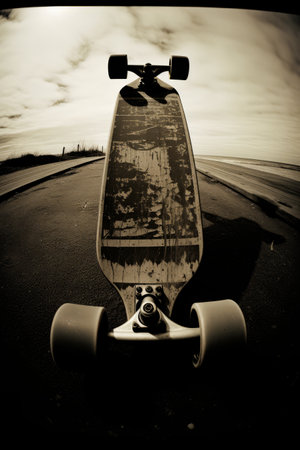 Skateboard is sitting on the road with sky background. Generative AI.の素材