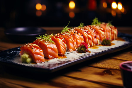Long plate of sushi with sauce and garnish. Generative AI.の素材