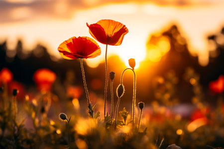 Field of flowers with the sun setting in the background. Generative AI.の素材