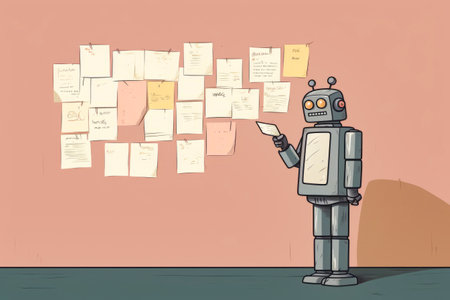 Robot holding piece of paper in his hand and pointing to it. Generative AI.の素材