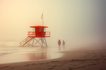 Two people walking on the beach in the fog with lifeguard tower in the background. Generative AI.の素材