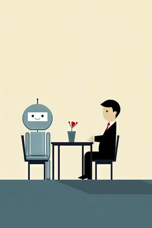Man sitting at table with robot next to him. Generative AI.の素材