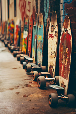 Row of skateboards sitting next to each other on sidewalk. Generative AI.の素材