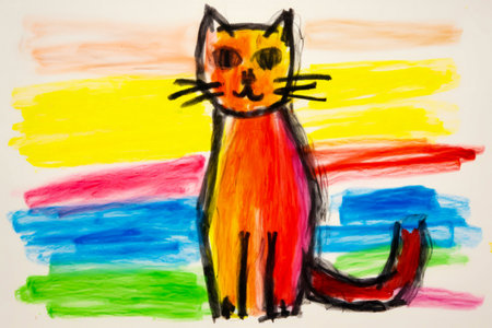 Drawing of cat with rainbow background and black outline. Generative AI.の素材