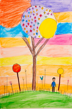 Child's drawing of tree with man standing in front of it. Generative AI.の素材