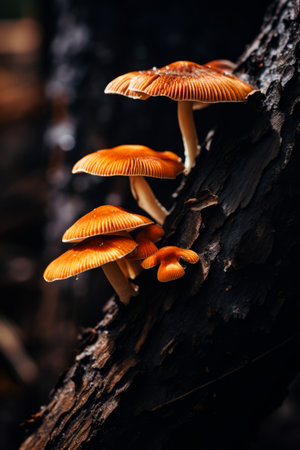 Group of mushrooms growing on tree trunk in the woods. Generative AI.の素材