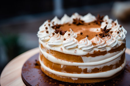 Cake with white frosting and chocolate stars on top. Generative AI.の素材