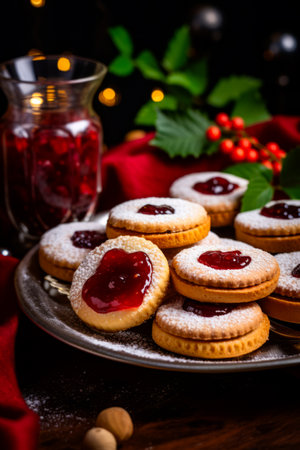 Plate of cookies with jam on them and glass of wine. Generative AI.の素材