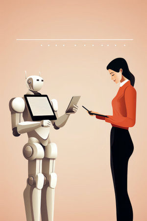 Woman is looking at robot holding tablet computer. Generative AI.の素材