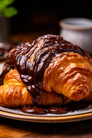 Pastry with chocolate sauce on top of it on plate. Generative AI.の素材