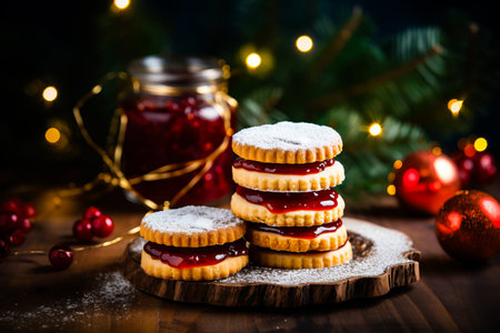 Stack of cookies with jam on top of it on wooden board. Generative AI.の素材