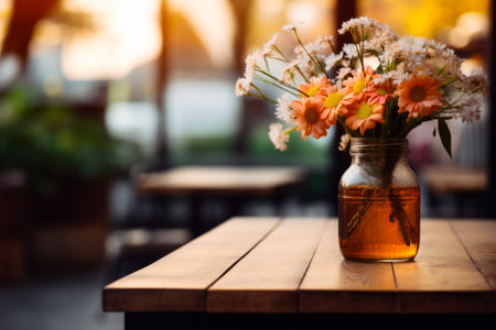 Vase filled with flowers sitting on top of wooden table. Generative AI.の素材