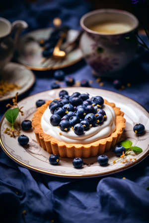 Blueberry tart with whipped cream and blueberries. Generative AI.の素材