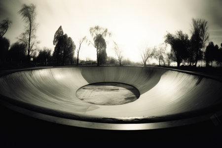 Skateboard ramp with trees in the background and sky background. Generative AI.の素材