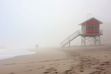 Red house on the beach with couple walking on the beach. Generative AI.の素材