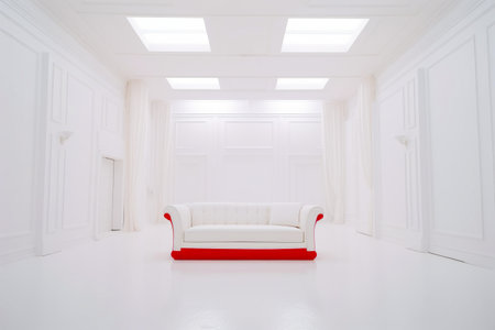 White couch sitting in room with red trim. Generative AI.の素材