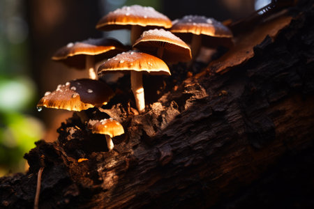 Group of mushrooms growing on tree stump in the sun. Generative AI.の素材