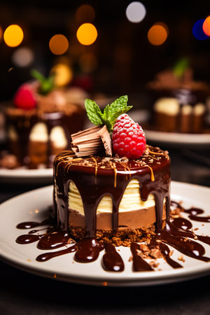 Chocolate cake with raspberry on top of it. Generative AI.の素材