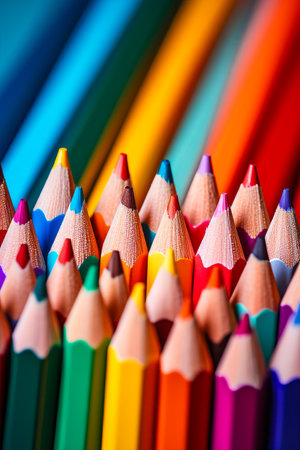 Close up of group of colored pencils with rainbow background. Generative AI.の素材