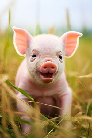 Pig with pink ear and pink nose is sitting in the grass. Generative AI.の素材