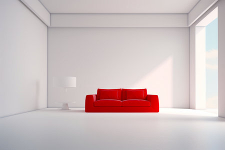 Red couch in white room with lamp on the side. Generative AI.の素材