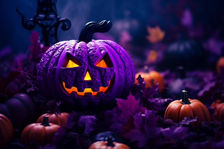 Purple pumpkin with carved faces surrounded by purple leaves and black cat. Generative AI.の素材