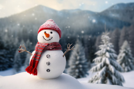 Snowman with red hat and scarf on in the snow. Generative AI.の素材