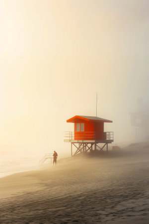 Lifeguard station on foggy beach with person walking. Generative AI.の素材