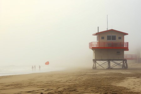 Lifeguard tower on foggy beach with people walking by. Generative AI.の素材
