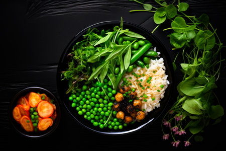 Plate of food with peas, rice, and tomatoes. Generative AI.の素材