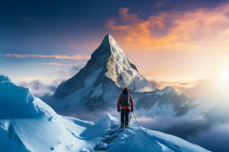 Man hiking up snowy mountain with backpack on. Generative AI.の素材