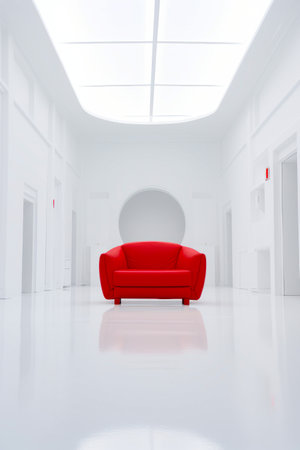 Red couch sitting in white room with skylight. Generative AI.の素材