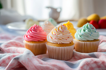 Close up of group of cupcakes on table. Generative AI.の素材