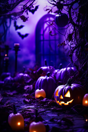 Group of pumpkins sitting in the grass with bats. Generative AI.の素材