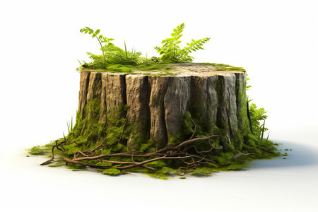 Tree stump with moss growing on it and branch sticking out of it. Generative AI.の素材